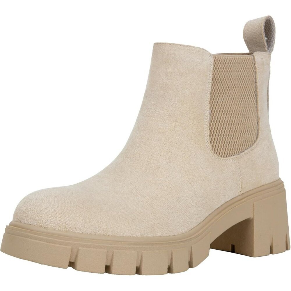 Vepose Women's Nude Faux Chelsea Leather Lug Sole Elastic Slip on Ankle Booties